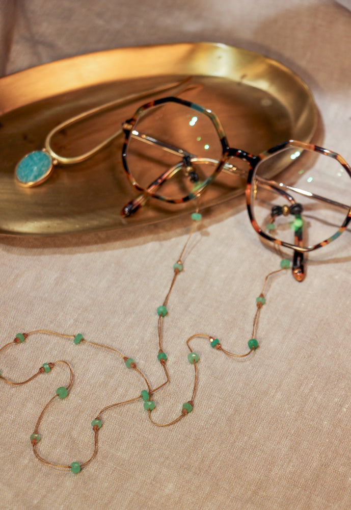 Chaîne de Lunettes Lucy - Chrysoprase & Champagne Zircons - Fil Beige