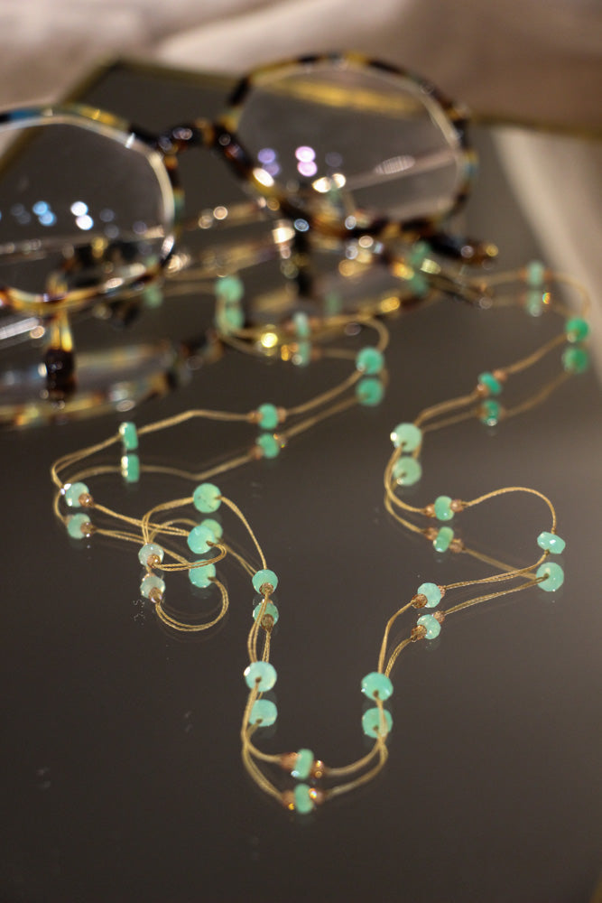 Lucy Glasses Chain - Chrysoprase &amp; Champagne Zircons - Beige Thread