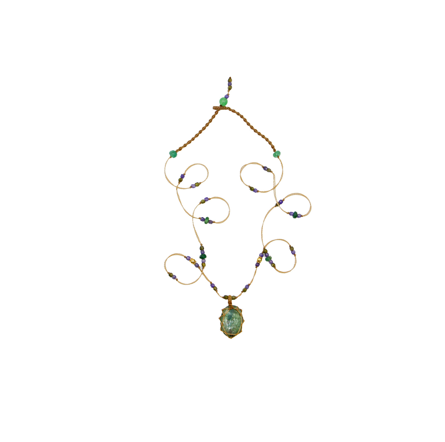 So Precious Tibetan Short Necklace - Green Kyanite - Mix Tsavorite - Beige Thread