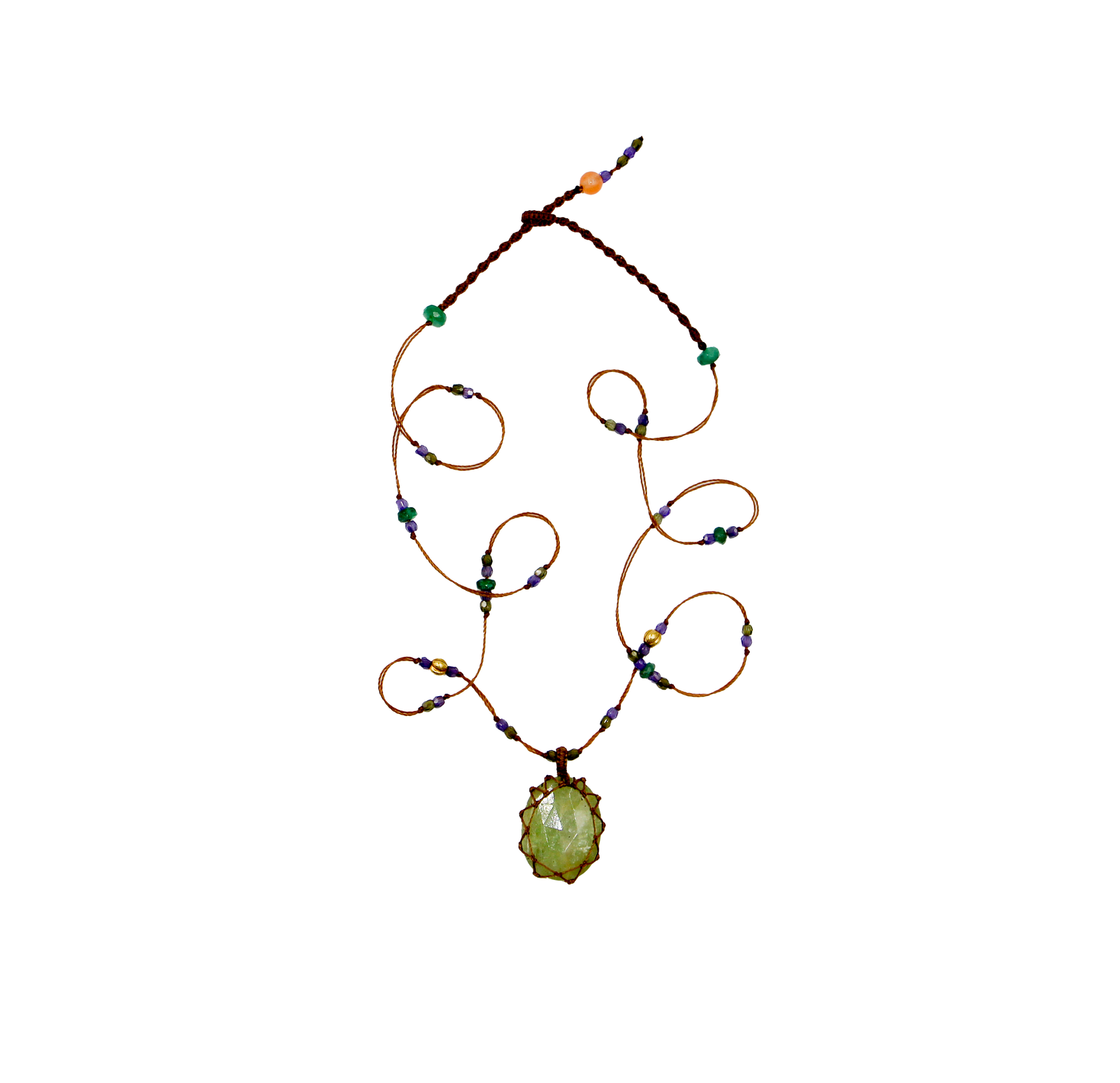So Precious Short Tibetan Necklace - Green Kyanite - Mix Tsavorite - Tobacco Thread