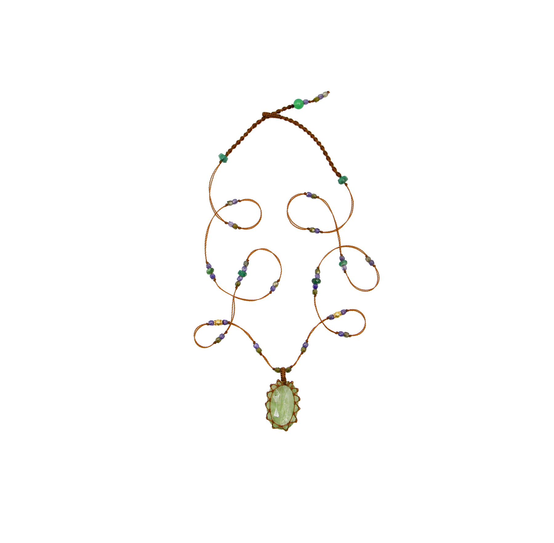 So Precious Short Tibetan Necklace - Green Kyanite - Mix Tsavorite - Tobacco Thread
