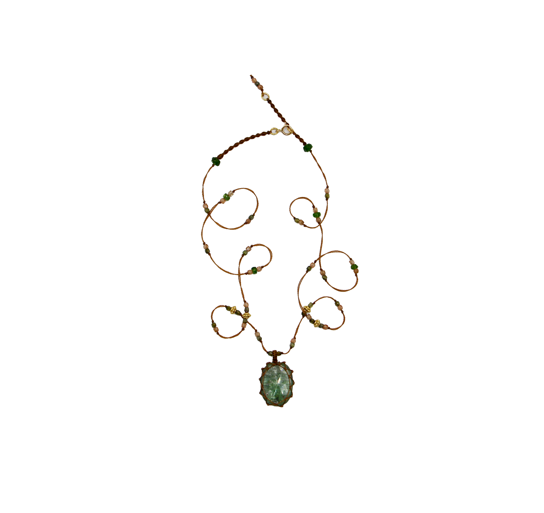 So Precious Short Tibetan Necklace - Green Kyanite - Mix Pink Tourmaline - Tobacco Thread