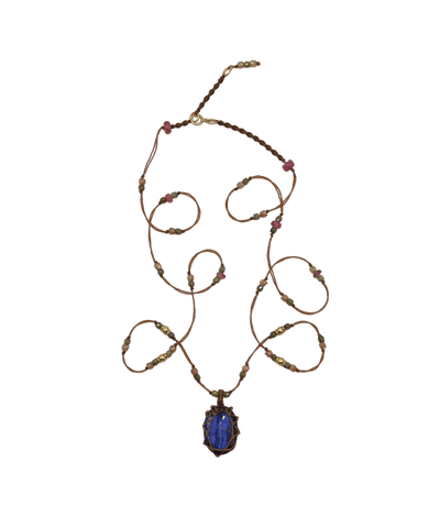 So Precious Necklace Short Tibetan - Blue Kyanite - Mix Pink Tourmaline - Tobacco Thread