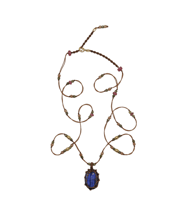 So Precious Collier Court Tibétain - Kyanite Bleue - Mix Tourmaline Rose - Fil Tabac
