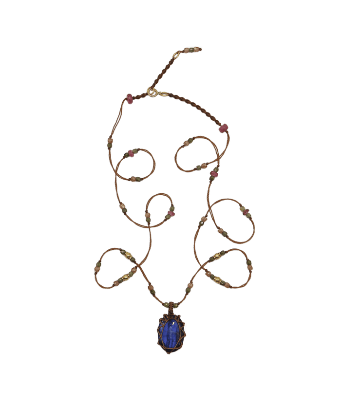 So Precious Collana Corta Tibetana - Kyanite Blu - Mix Tormalina Rosa - Filo Tabacco