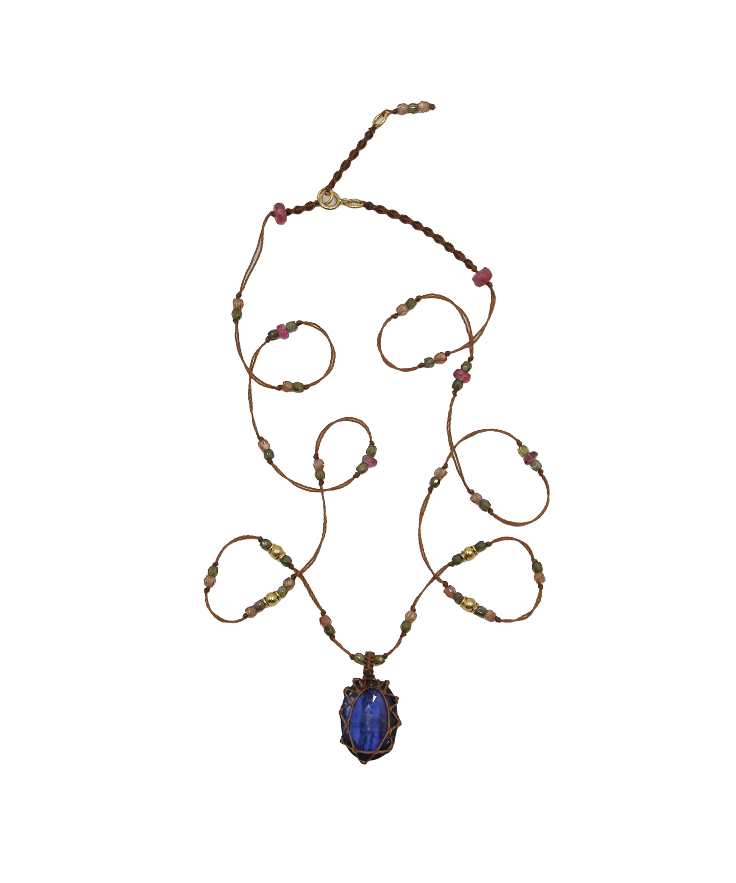 So Precious Short Tibetan Necklace - Blue Kyanite - Mix Pink Tourmaline - Tobacco Thread