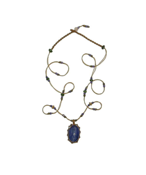 So Precious Collier Court Tibétain - Kyanite Bleue - Mix Tsavorite - Fil Beige