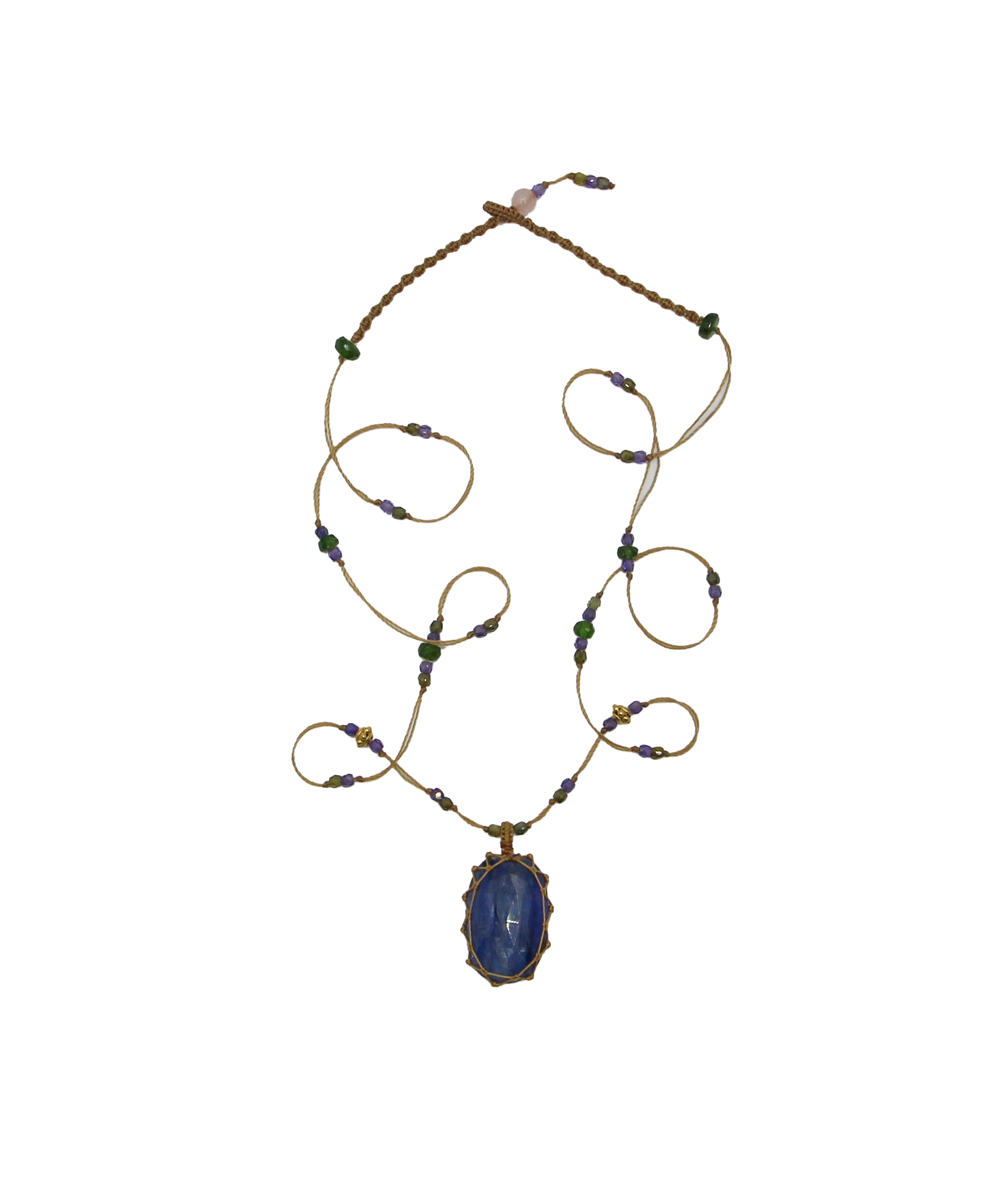 So Precious Tibetan Short Necklace - Blue Kyanite - Mix Tsavorite - Beige Thread