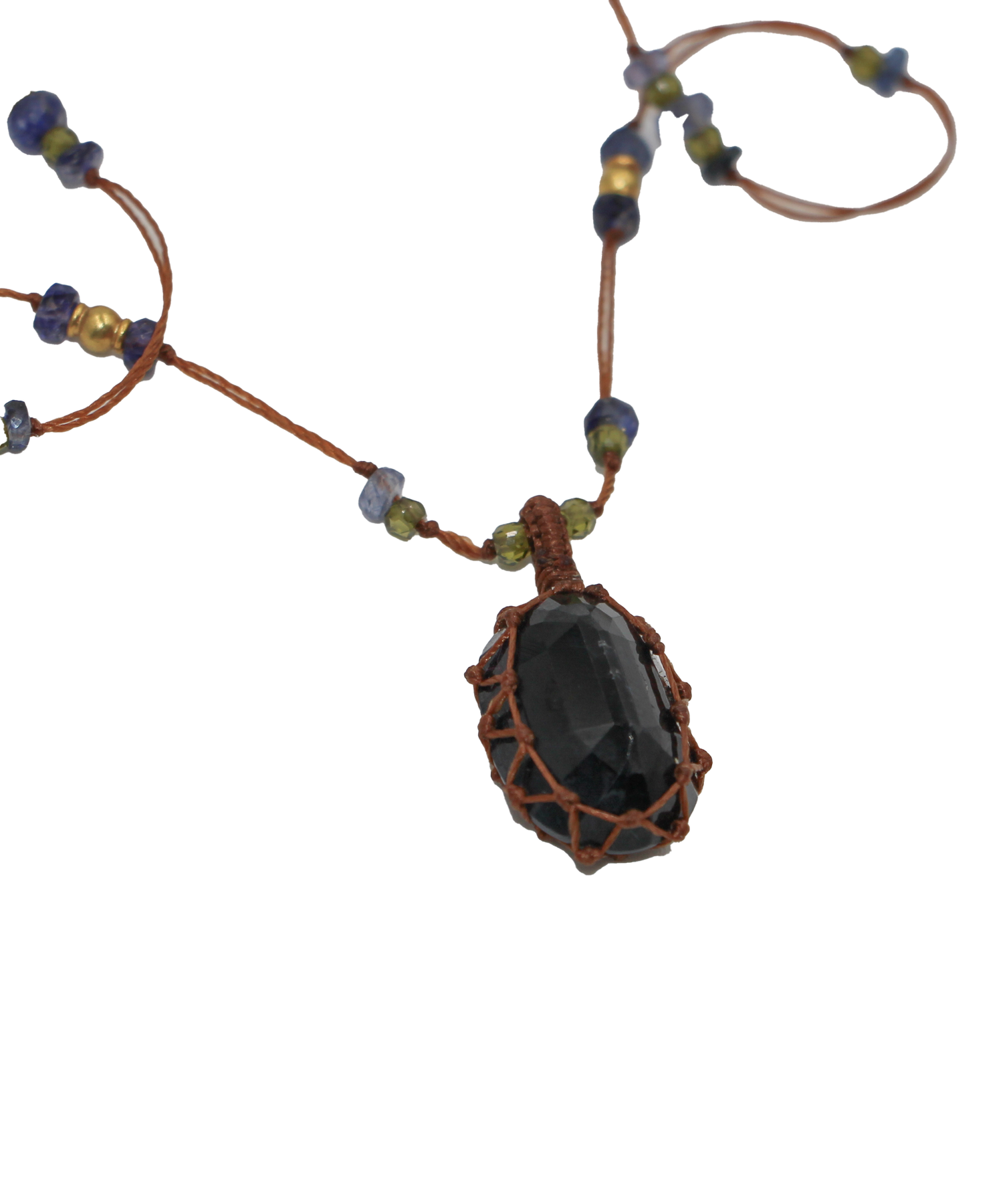 So Precious Short Tibetan Necklace - Dark Blue Kyanite - Mix Sapphire - Tobacco Thread