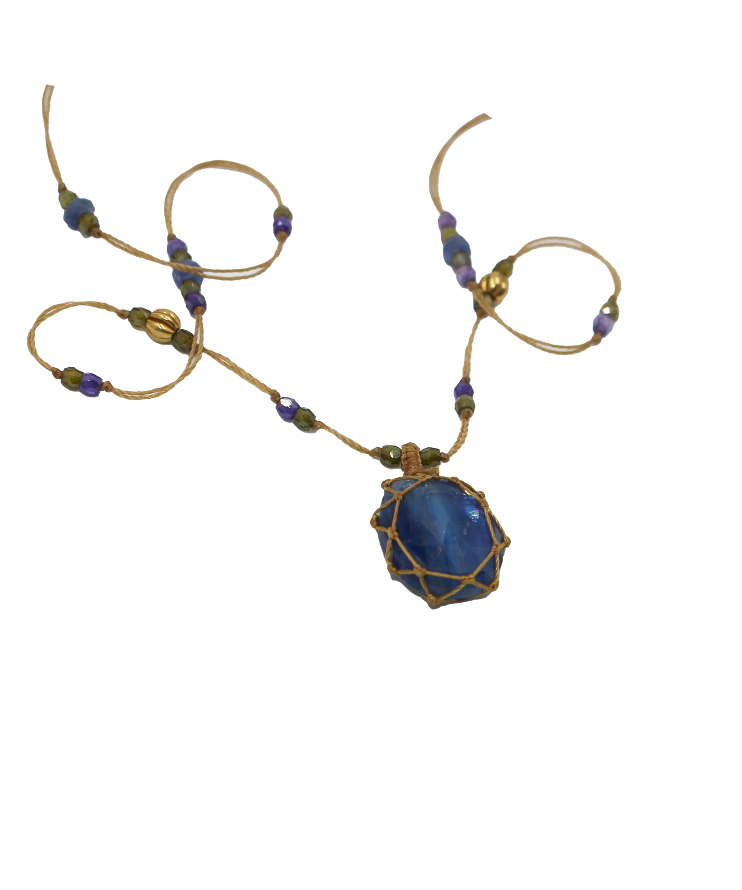 So Precious Short Tibetan Necklace - Blue Kyanite - Mix Sapphire - Beige Thread
