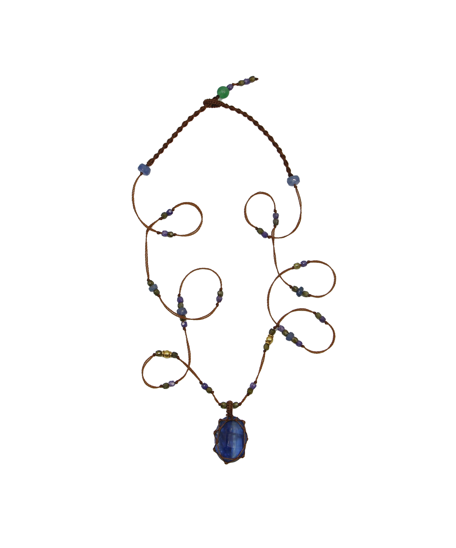 So Precious Short Tibetan Necklace - Blue Kyanite - Mix Sapphire - Tobacco Thread