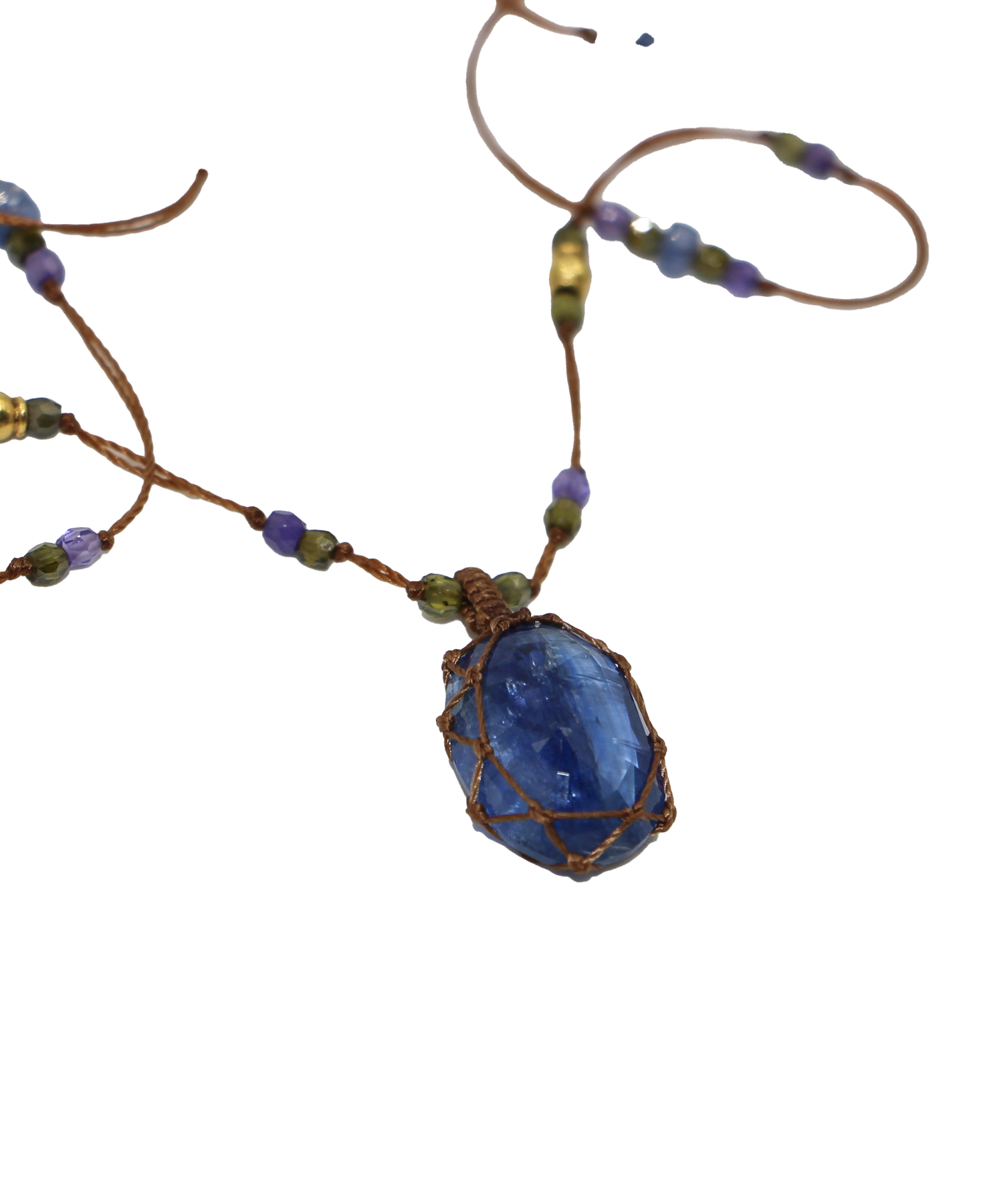 So Precious Short Tibetan Necklace - Blue Kyanite - Mix Sapphire - Tobacco Thread