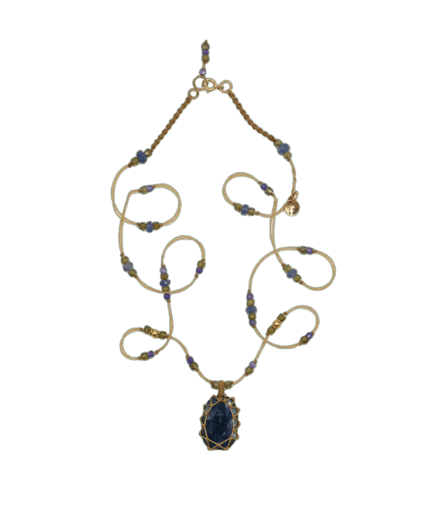 So Precious Collier Court Tibétain - Kyanite Bleue - Mix Saphir - Fil Beige
