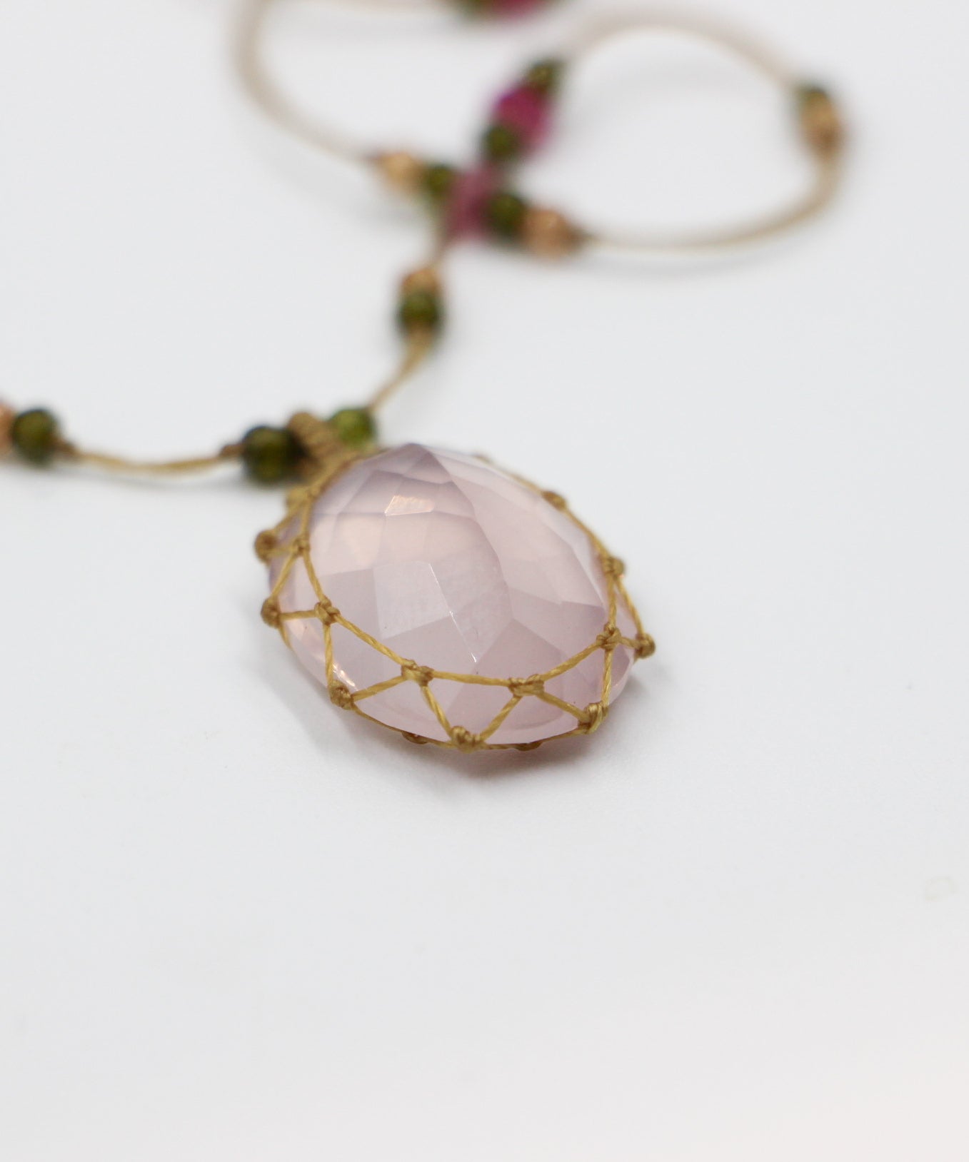 Short Tibetan Necklace - Rose Quartz - Mix Pink Tourmaline - Tobacco Thread