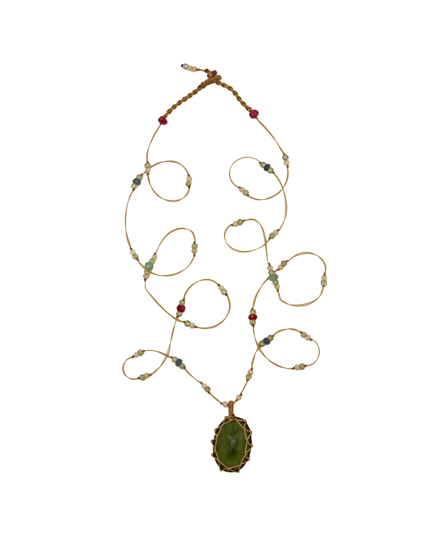 Tibetan Long Necklace - Moldavite - Aquamarine Mix - Beige Thread