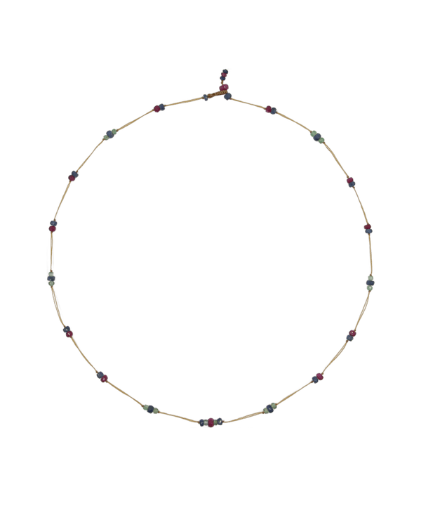 Collier Chocker Woopy Précieux Rubis, Émeraude & Saphir - Fil Beige