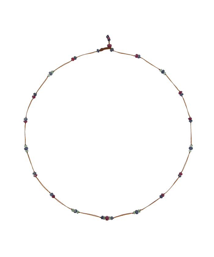Collier Chocker Woopy Précieux Rubis, Émeraude & Saphir - Fil Tabac