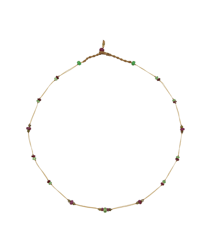 Collier Chocker Woopy Rubis Tsavorite - Fil Beige