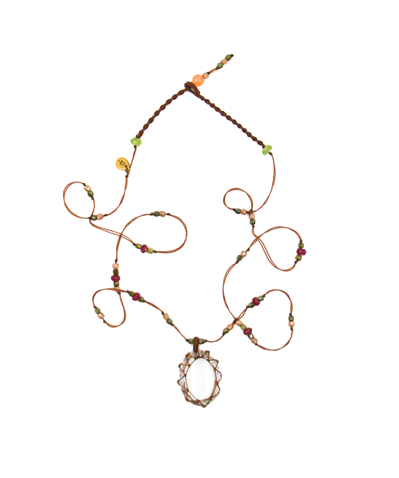Tibetan Short Necklace - Crystal Quartz - Mix Pink Tourmaline - Tobacco Thread