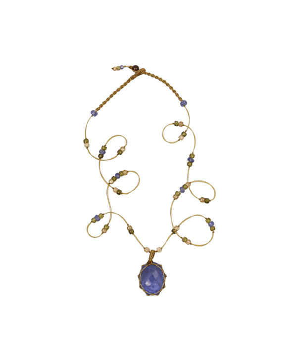 Collier Court Tibétain - Tanzanite - Mix Saphir - Fil Beige