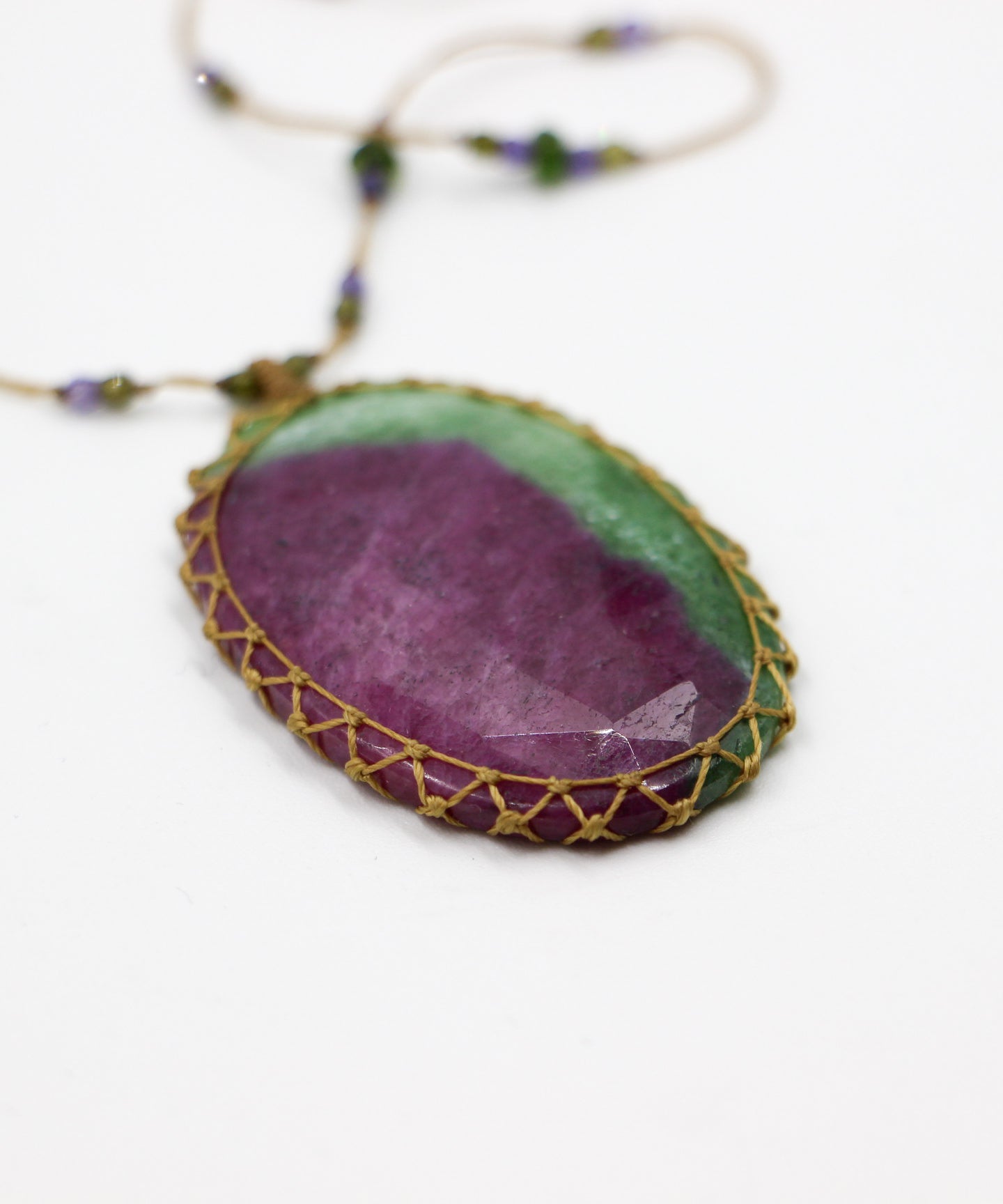 Tibetan Long Necklace - Rubisoizite - Mix Sapphire - Beige Thread