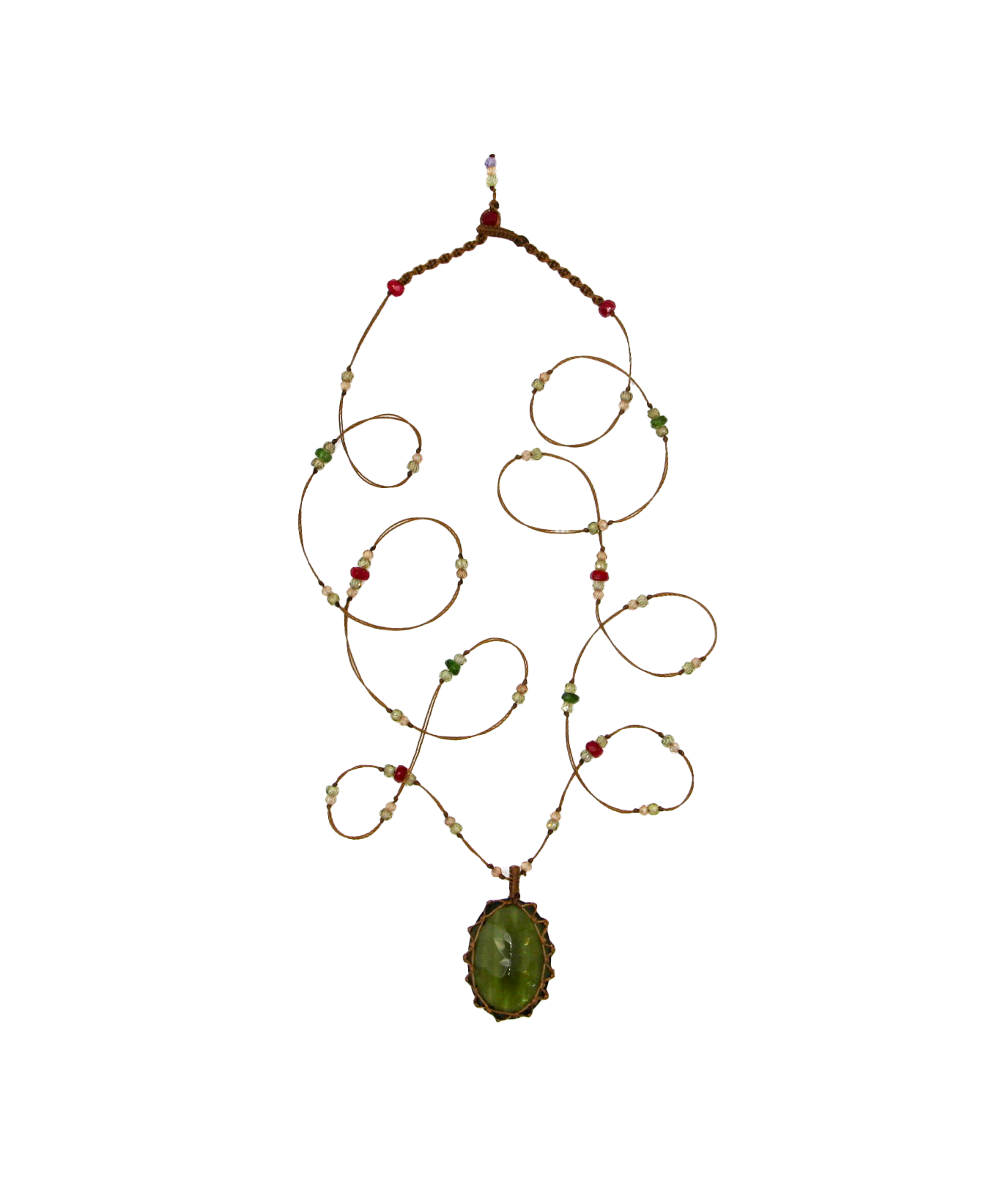 Tibetan Long Necklace - Moldavite - Precious Mix - Beige Thread