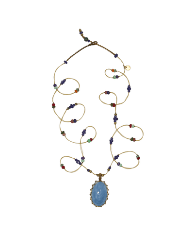 Long Tibetan Necklace - Blue Aquamarine - Multi-Stone Mix - Beige Thread