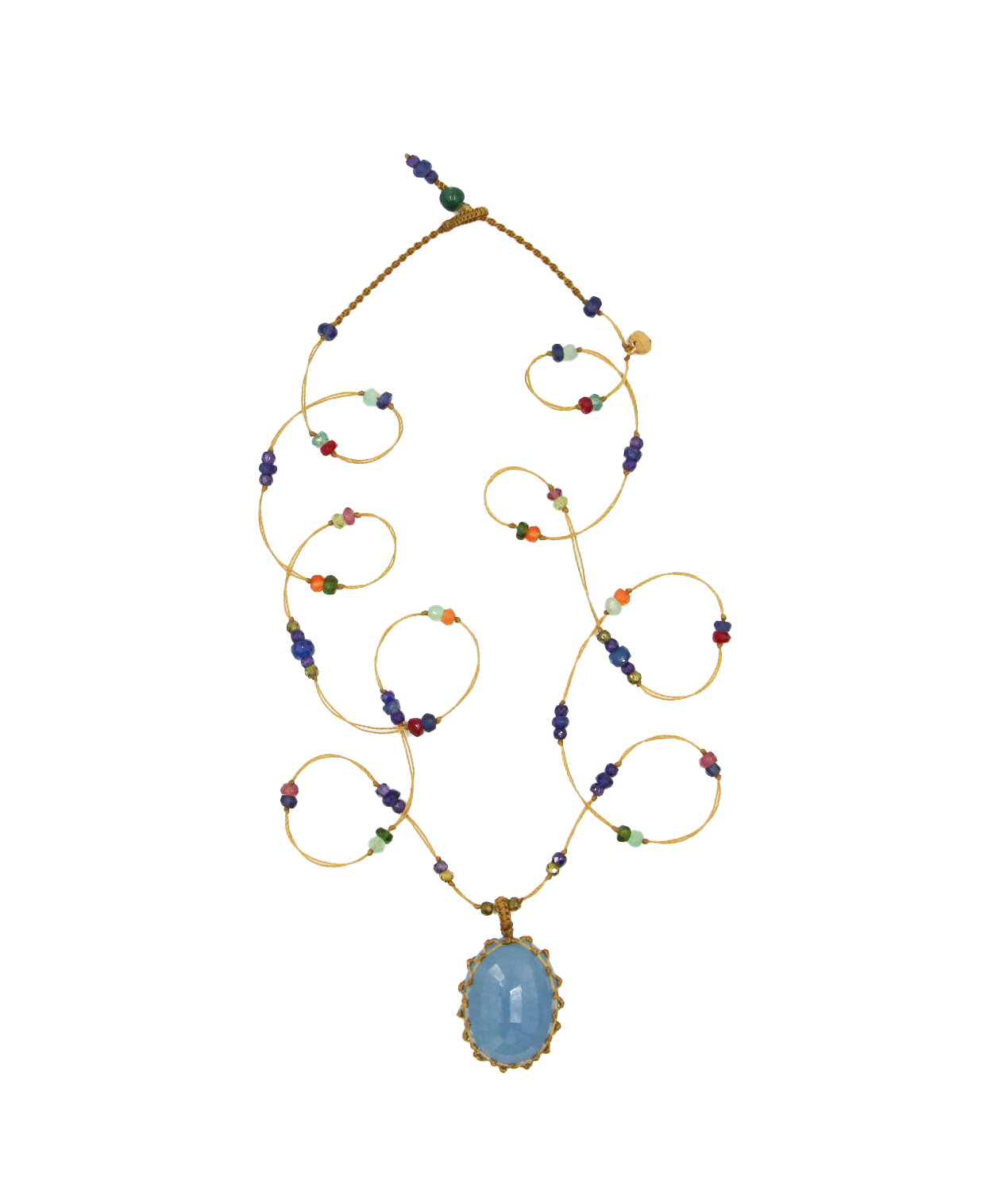 Tibetan Long Necklace - Blue Aquamarine - Mix Multi Stones - Tobacco Thread