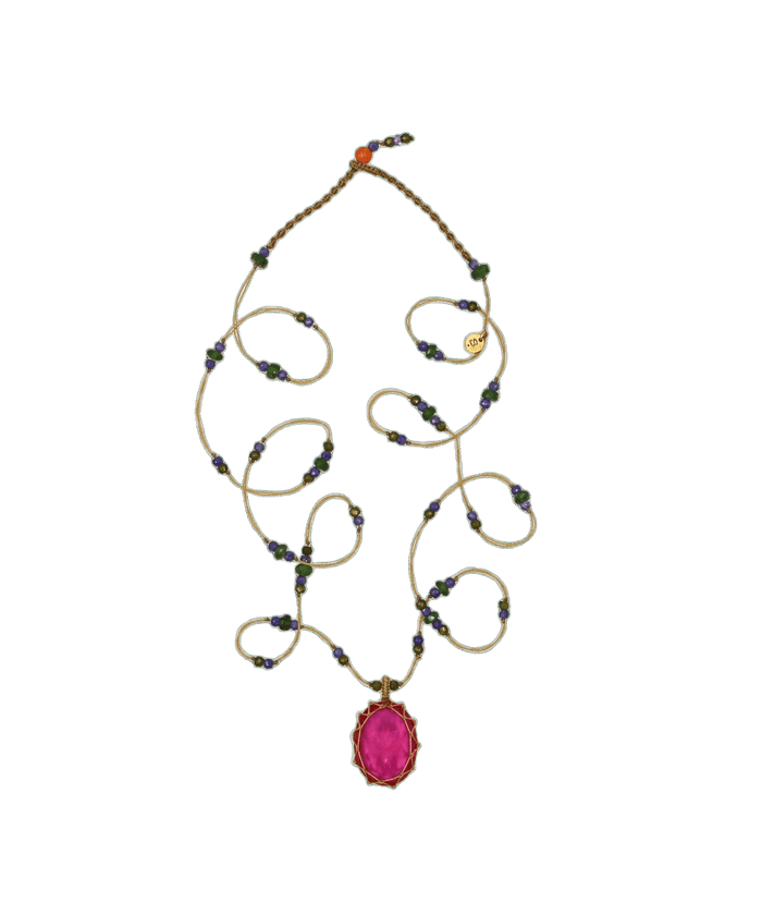Collana Lunga Tibetano - Vetro Rosa Indiano - Mix Tsavorite - Filo Beige