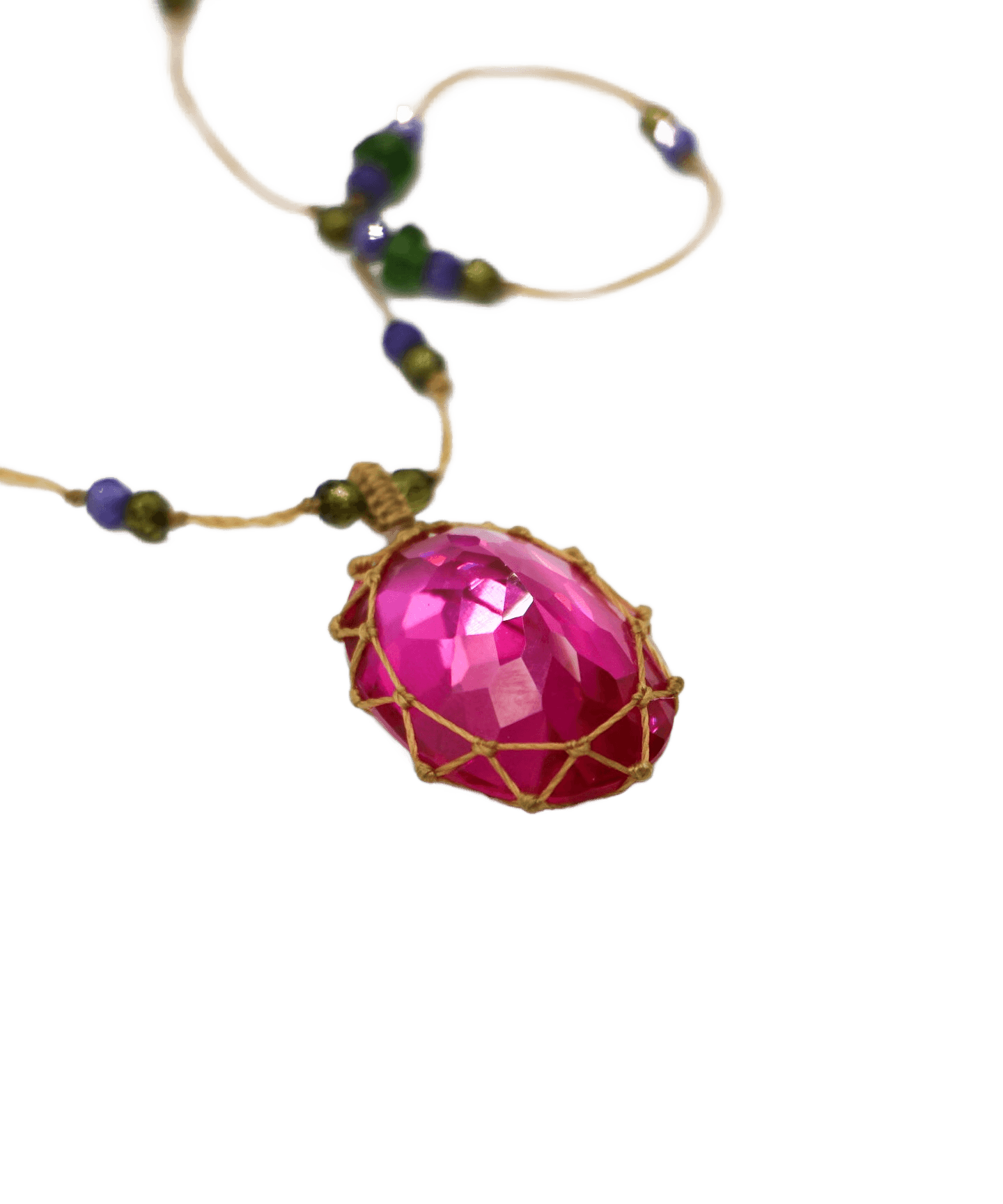 Long Tibetan Necklace - Pink Indian Glass - Tsavorite Mix - Beige Thread