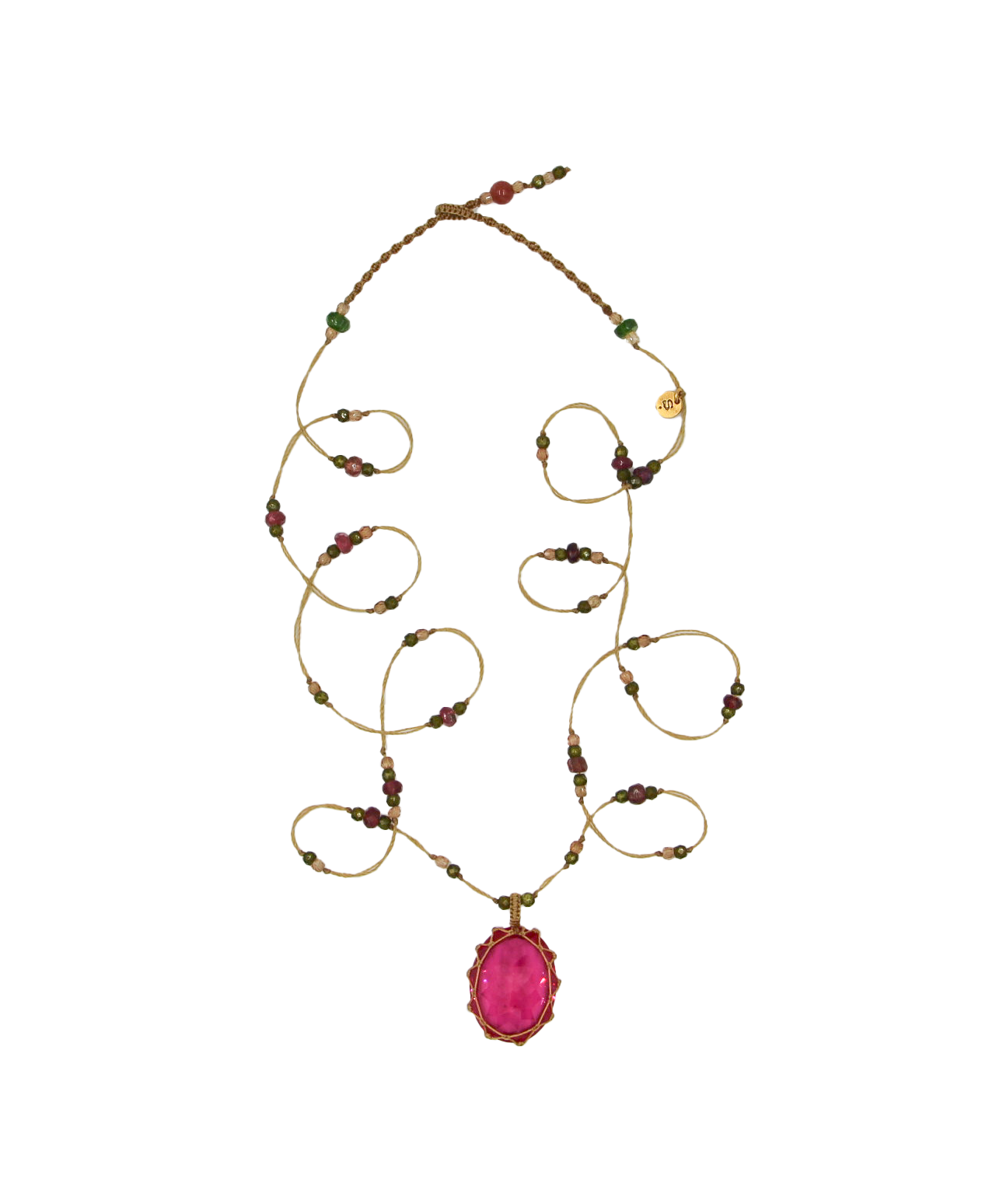 Tibetan Long Necklace - Red Indian Glass - Mix Tsavorite - Beige Thread