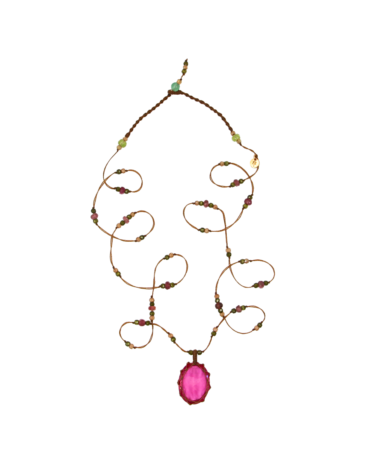 Tibetan Long Necklace - Red Indian Glass - Mix Tsavorite - Beige Thread
