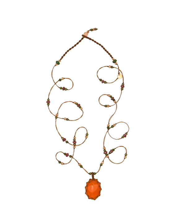 Sautoir Tibétain - Onyx Orange - Mix Tourmaline Rose - Fil Tabac