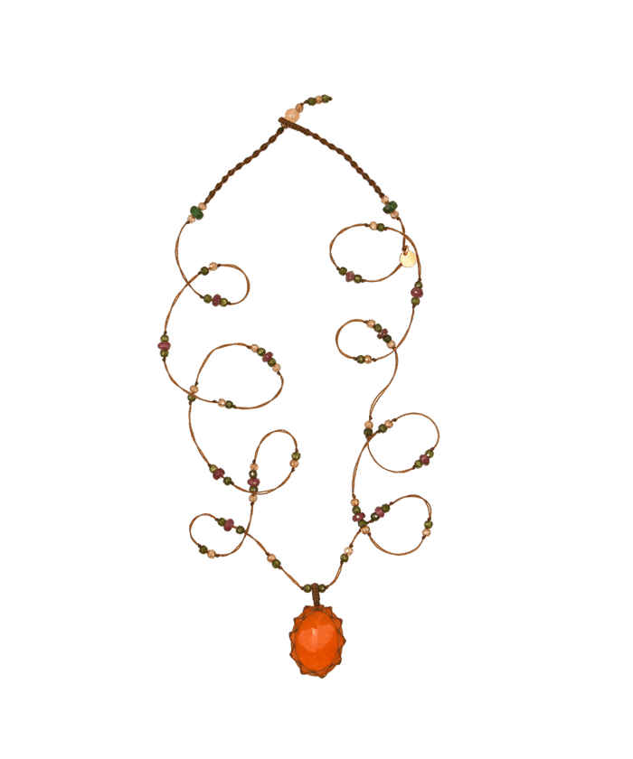 Collana Tibetana Corta - Onice Arancio - Mix Tormalina Rosa - Filo di Tabacco