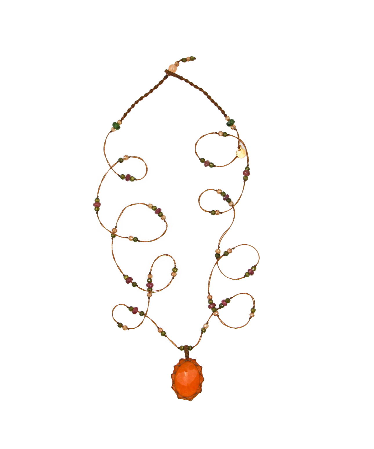 Short Tibetan Necklace - Orange Onyx - Mix Pink Tourmaline - Tobacco Thread