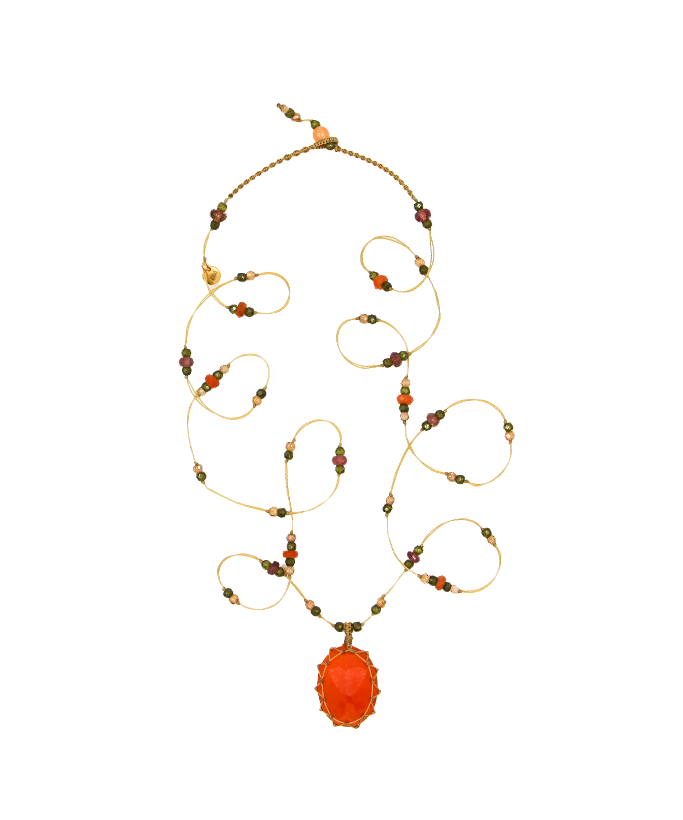 Collana Tibetana Corta - Onice Arancio - Mix Tormalina Rosa - Filo di Tabacco