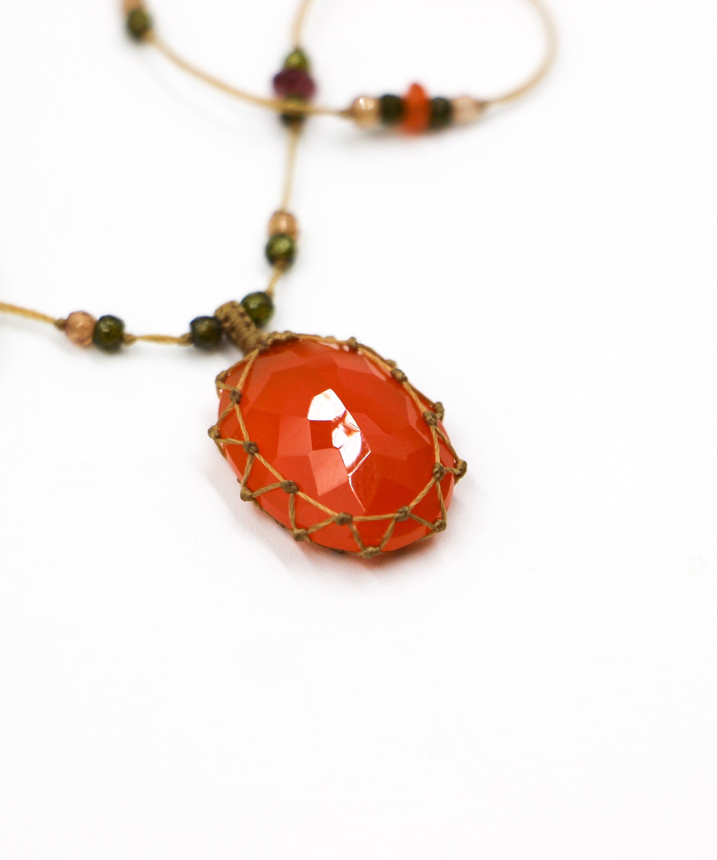 Short Tibetan Necklace - Orange Onyx - Mix Pink Tourmaline - Tobacco Thread