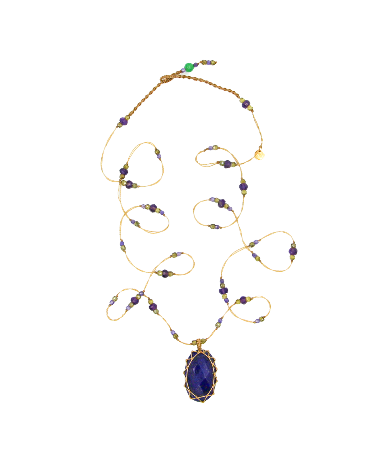 Tibetan Short Necklace - Lapis Lazuli - Mix Tsavorite - Beige Thread