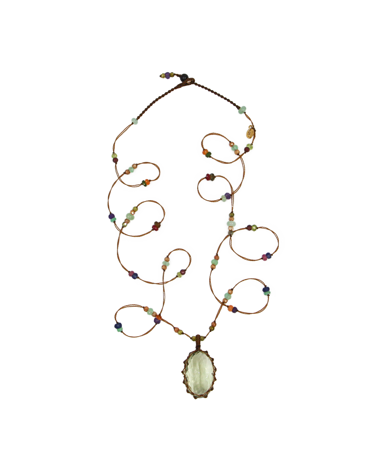 Tibetan Long Necklace - Green Amethyst - Mix Multi Stones - Tobacco Thread