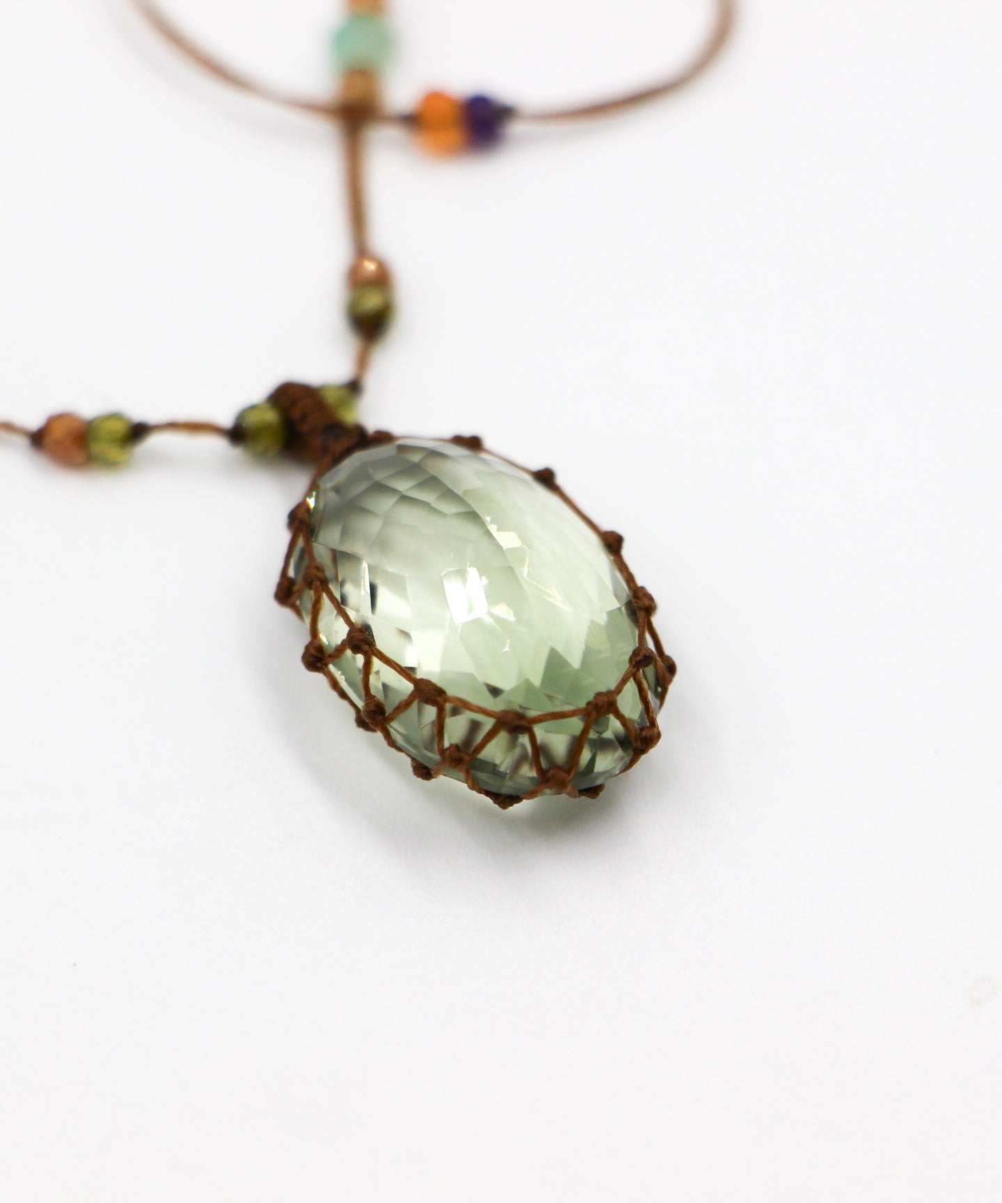 Tibetan Long Necklace - Green Amethyst - Mix Multi Stones - Tobacco Thread