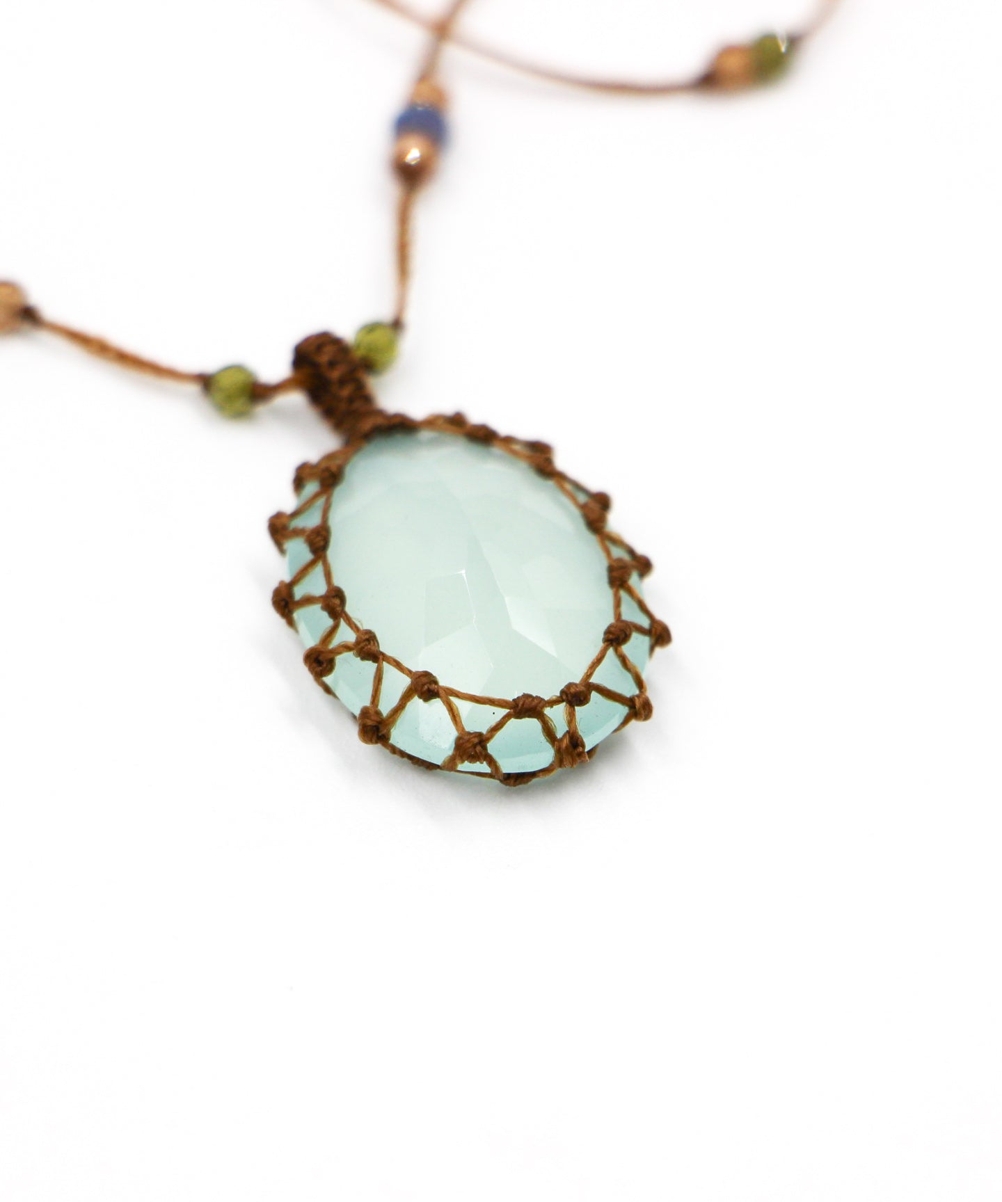 Short Tibetan Necklace - Blue Chalcedony - Mix Tsavorite - Tobacco Thread