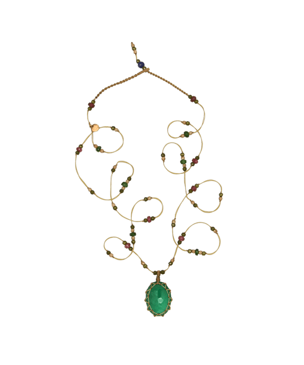 Sautoir Tibétain - Onyx Vert - Mix Tourmaline Rose - Fil Beige