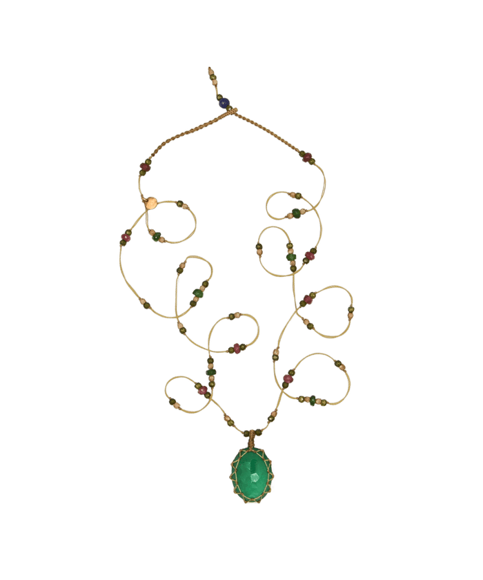 Collana Lunga Tibetano - Onice Verde - Mix Tormalina Rosa - Filo Beige