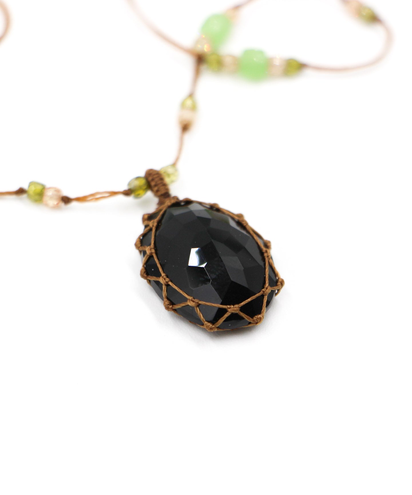 Tibetan Long Necklace - Black Onyx - Mix Multi Stones - Tobacco Thread