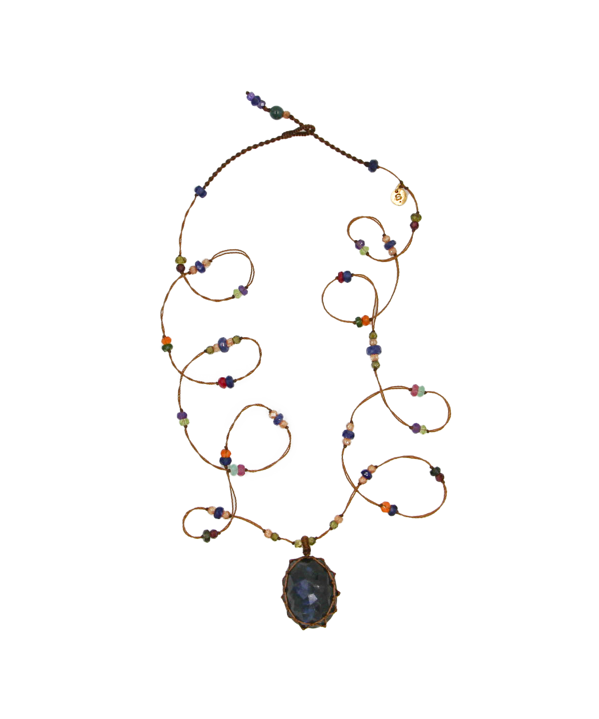 Collana Lunga Tibetana - Labradorite Fuoco Blu - Mix Multi Pietre - Filo Beige