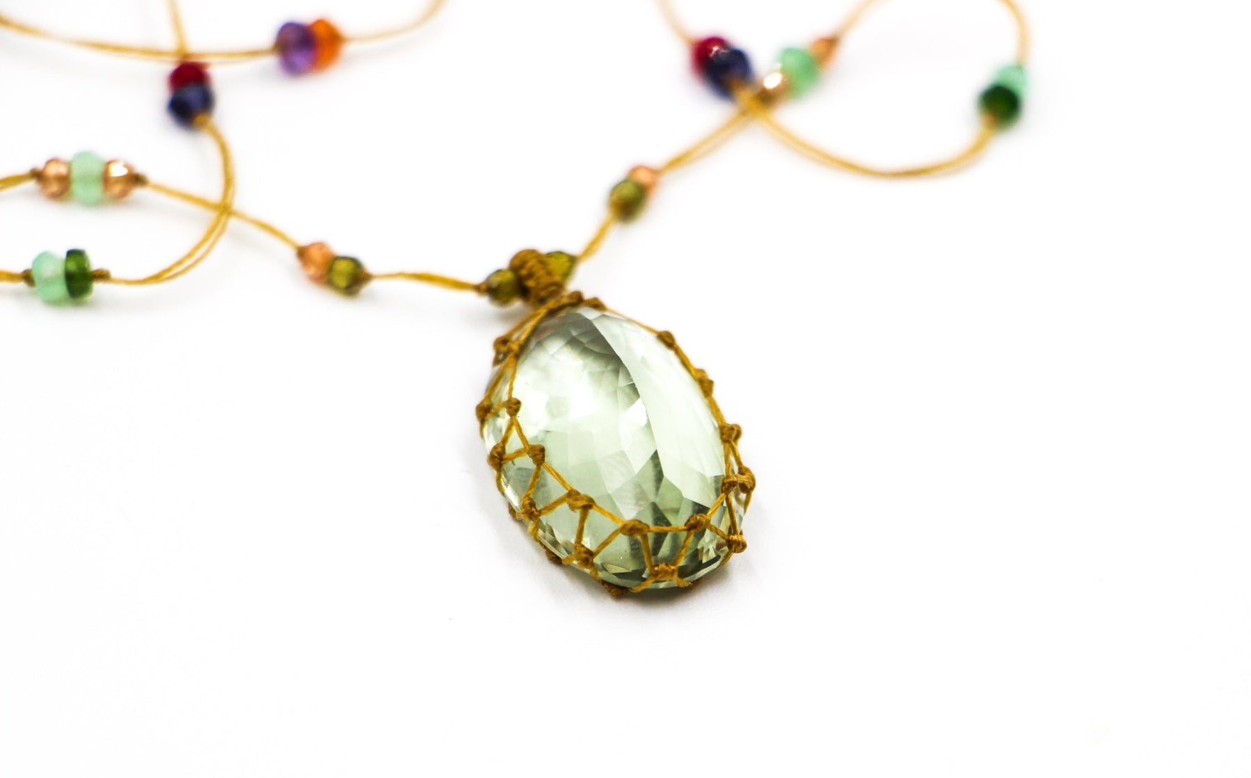 Tibetan Long Necklace - Green Amethyst - Mix Multi Stones - Tobacco Thread