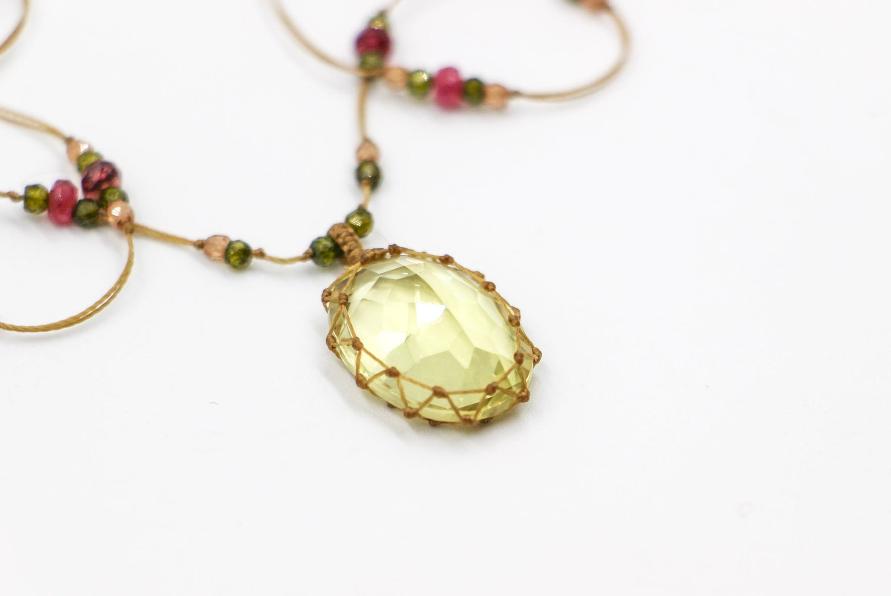 Tibetan Long Necklace - Lemon Topaz - Mix Pink Tourmaline - Beige Thread