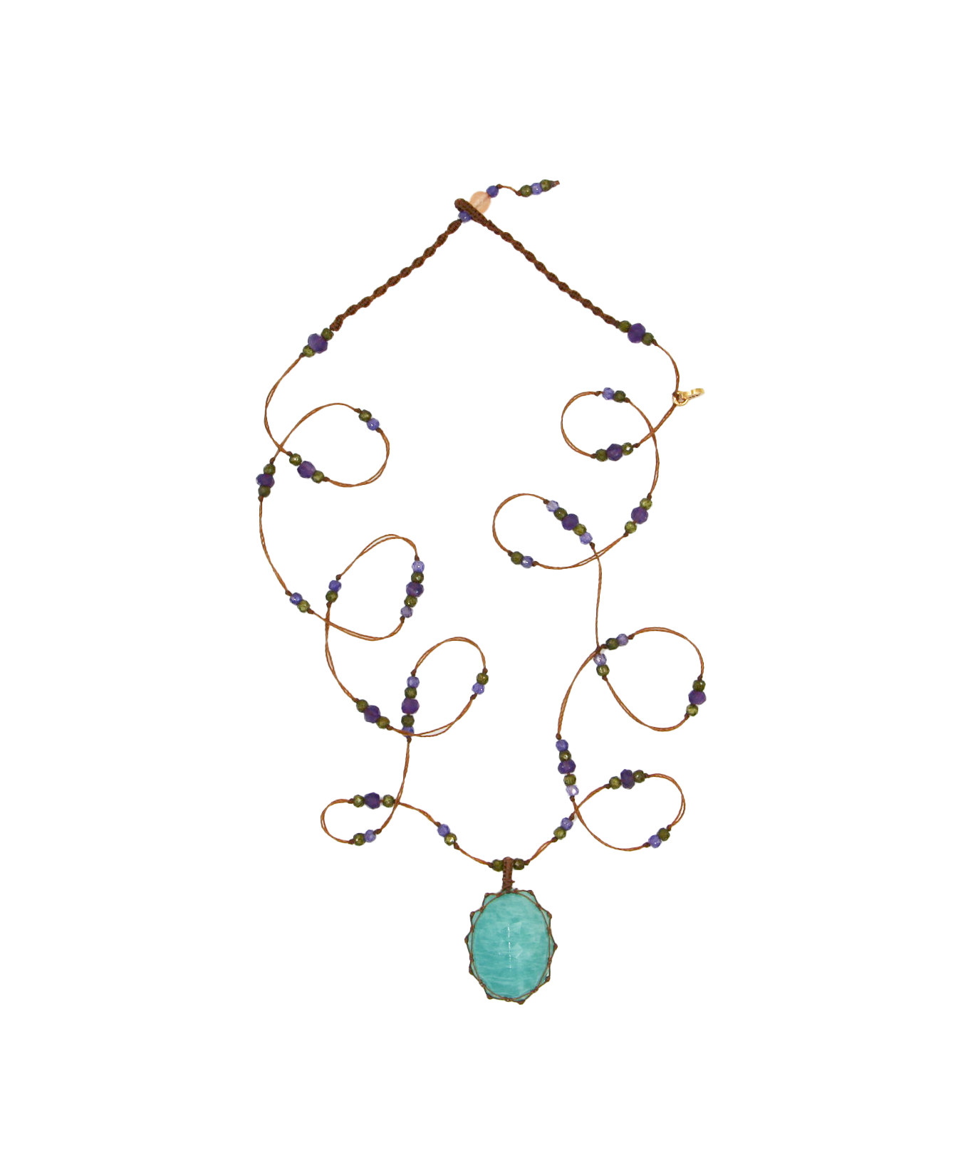 Short Tibetan Necklace - Blue Amazonite - Mix Tsavorite - Tobacco Thread