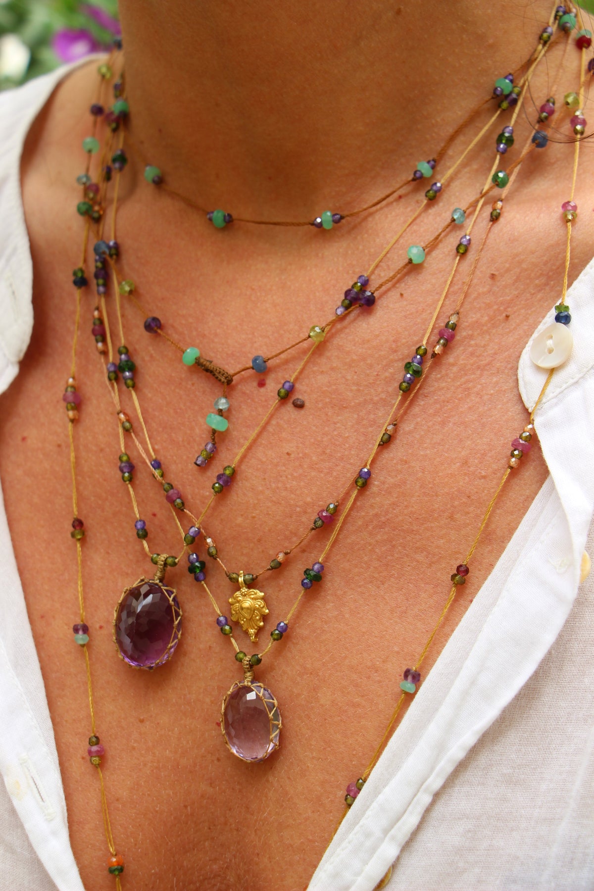 Tibetan Long Necklace - Dark Violet Amethyst - Amethyst Mix - Tobacco Thread