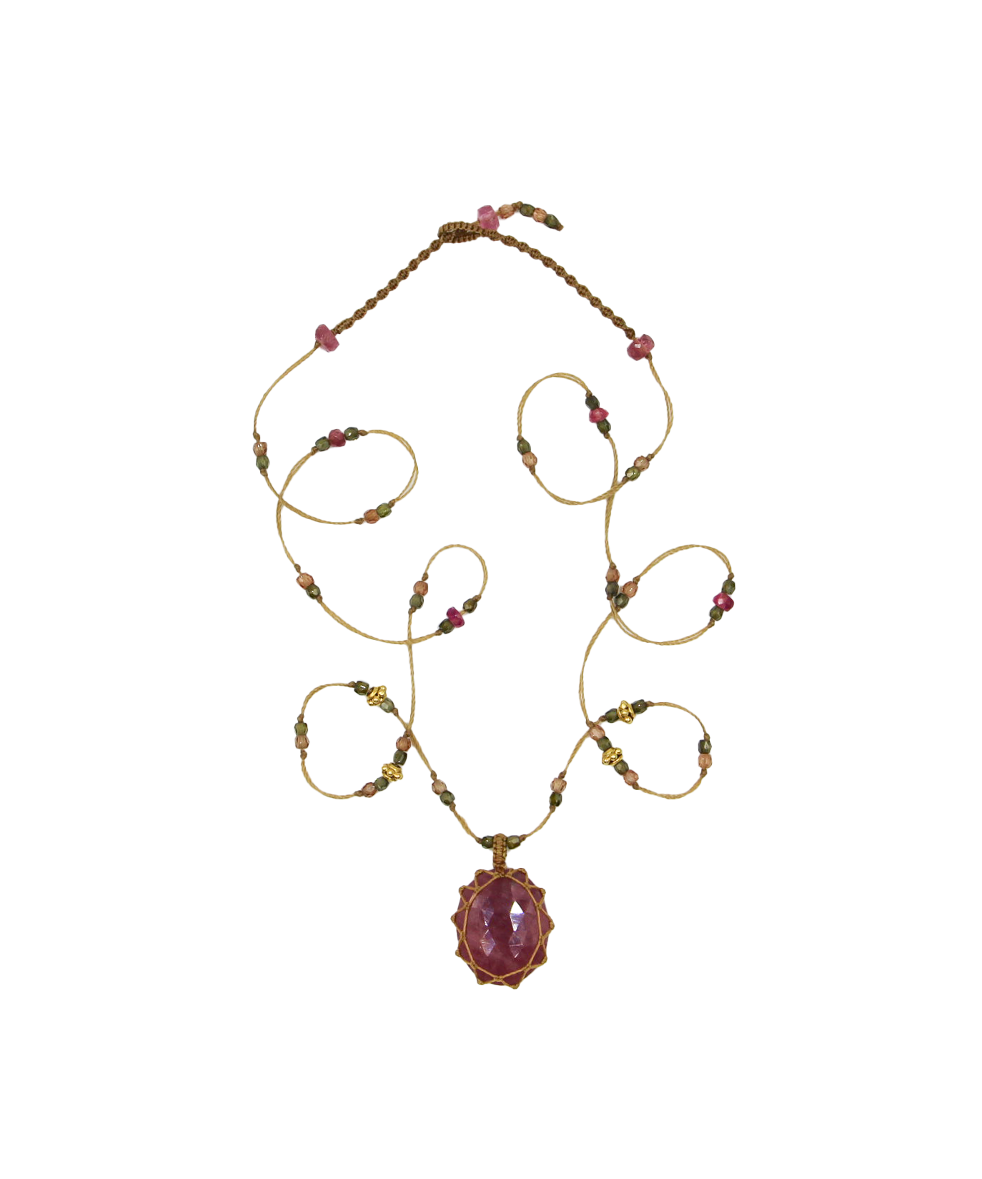 Tibetan Short Necklace - Ruby - Mix Tourmaline Ruby Emerald - Beige Wire